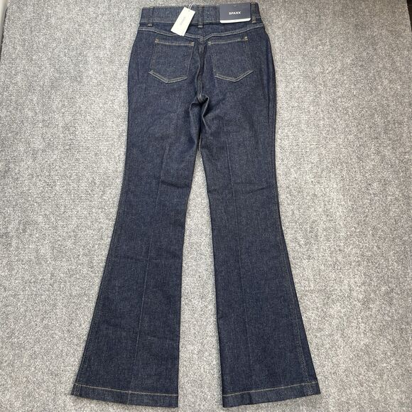 Spanx Jeans Womens Medium Petite Raw Indigo Flare Pull On 31.5" Inseam  NEW - Picture 3 of 13